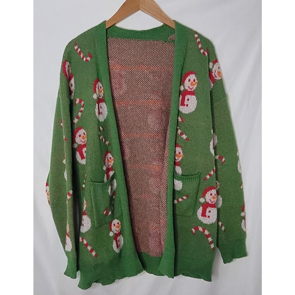 Boutique- Women's Green Snowman Cardigan Sweater- size Large/XL